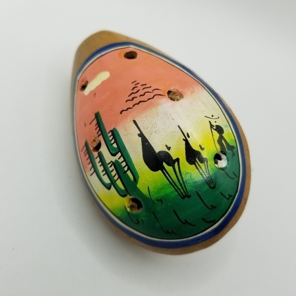 Ocarina Wind Flute Hand Crafted Clay Folk Art Pottery Peruvian Whistle Face - Picture 2 of 6